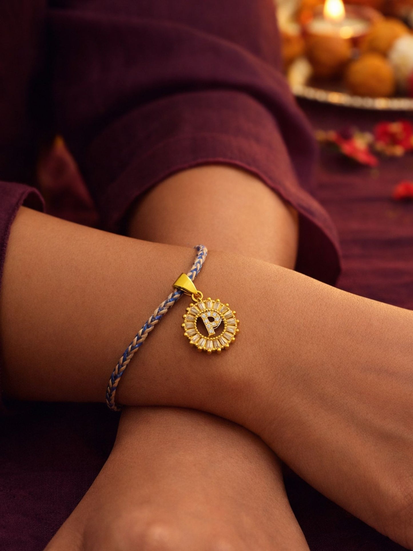 A TO Z Alphabet American Diamond Charm Initial Name Lumba Rakhi Bracelet For Bhaiya Bhabhi
