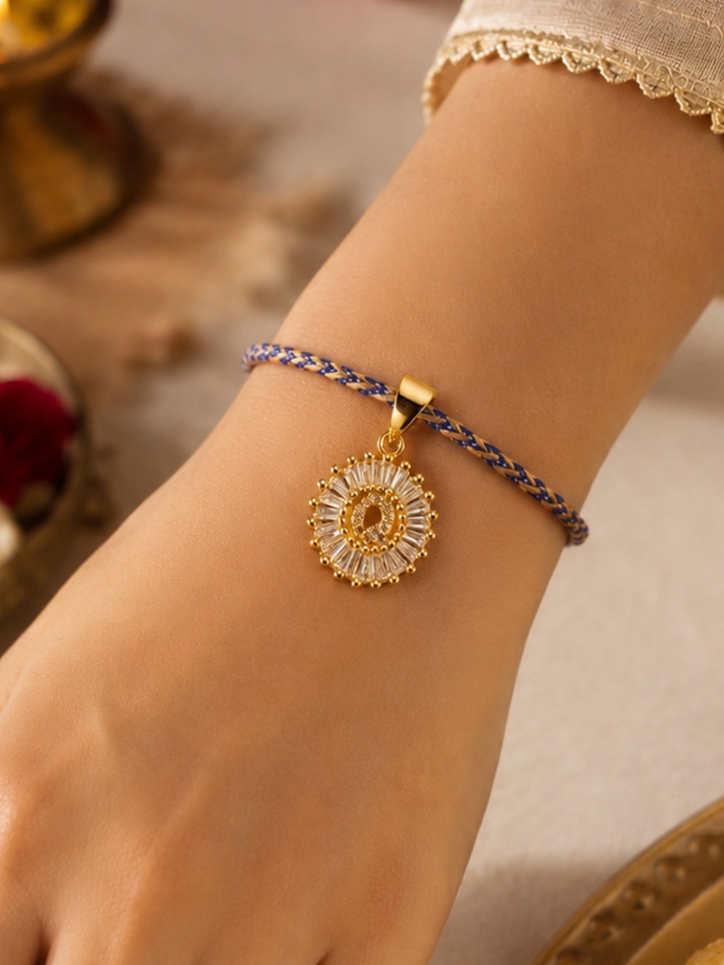 A TO Z Alphabet American Diamond Charm Initial Name Lumba Rakhi Bracelet For Bhaiya Bhabhi