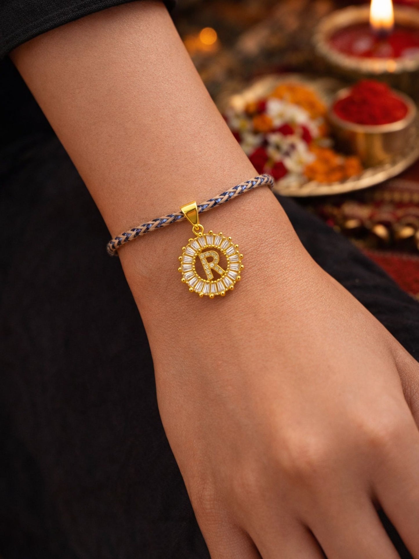 A TO Z Alphabet American Diamond Charm Initial Name Lumba Rakhi Bracelet For Bhaiya Bhabhi