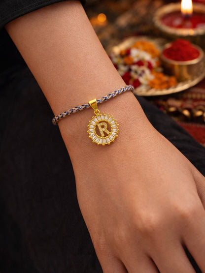 A TO Z Alphabet American Diamond Charm Initial Name Lumba Rakhi Bracelet For Bhaiya Bhabhi