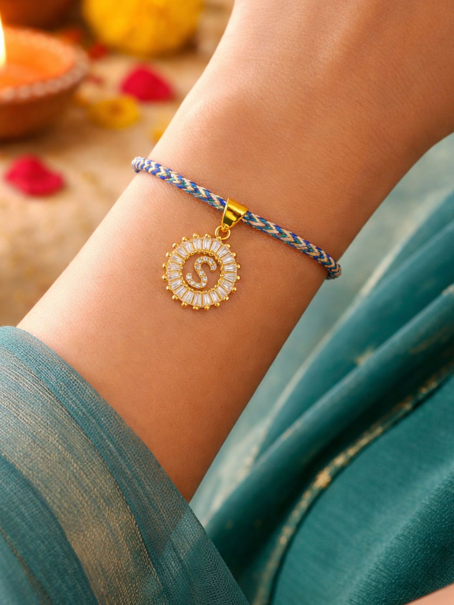 A TO Z Alphabet American Diamond Charm Initial Name Lumba Rakhi Bracelet For Bhaiya Bhabhi