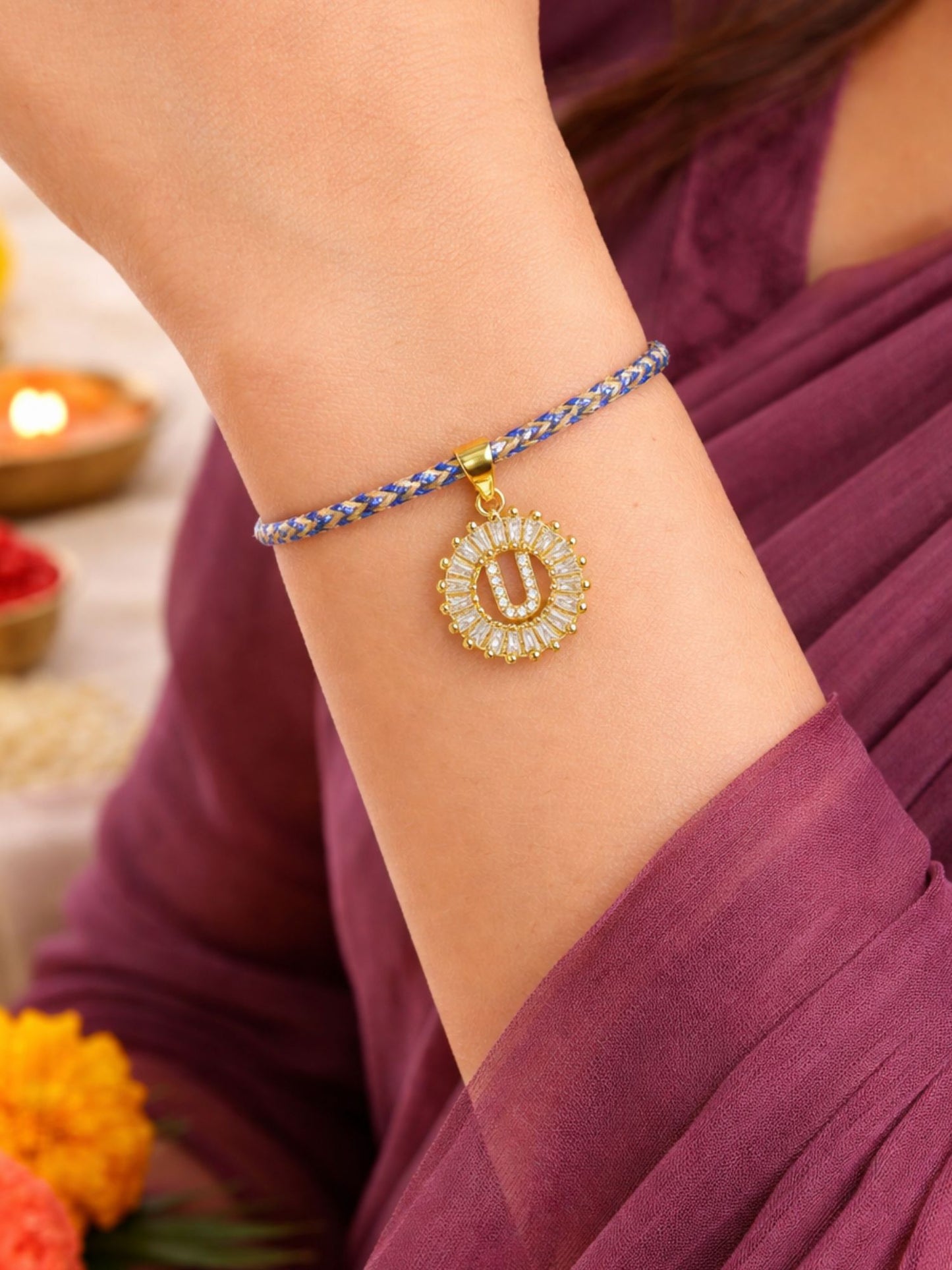 A TO Z Alphabet American Diamond Charm Initial Name Lumba Rakhi Bracelet For Bhaiya Bhabhi