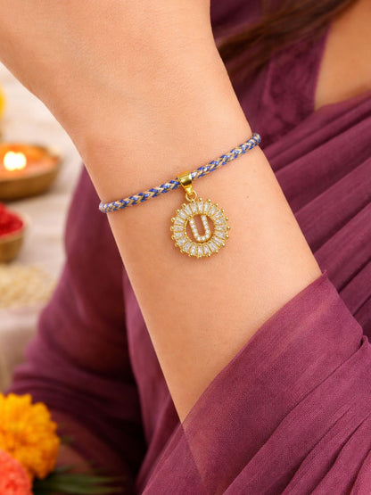 A TO Z Alphabet American Diamond Charm Initial Name Lumba Rakhi Bracelet For Bhaiya Bhabhi