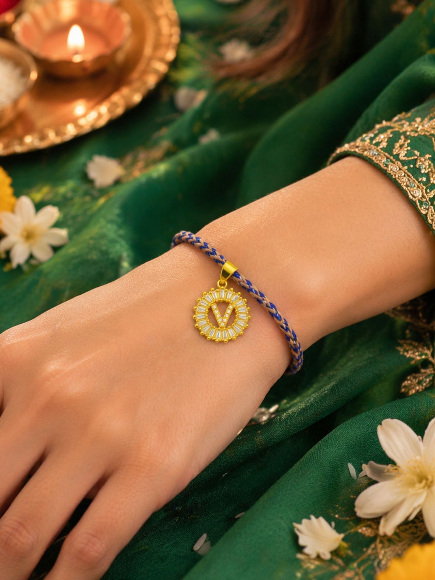 A TO Z Alphabet American Diamond Charm Initial Name Lumba Rakhi Bracelet For Bhaiya Bhabhi