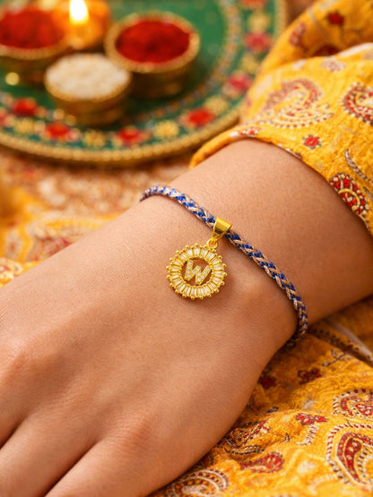 A TO Z Alphabet American Diamond Charm Initial Name Lumba Rakhi Bracelet For Bhaiya Bhabhi