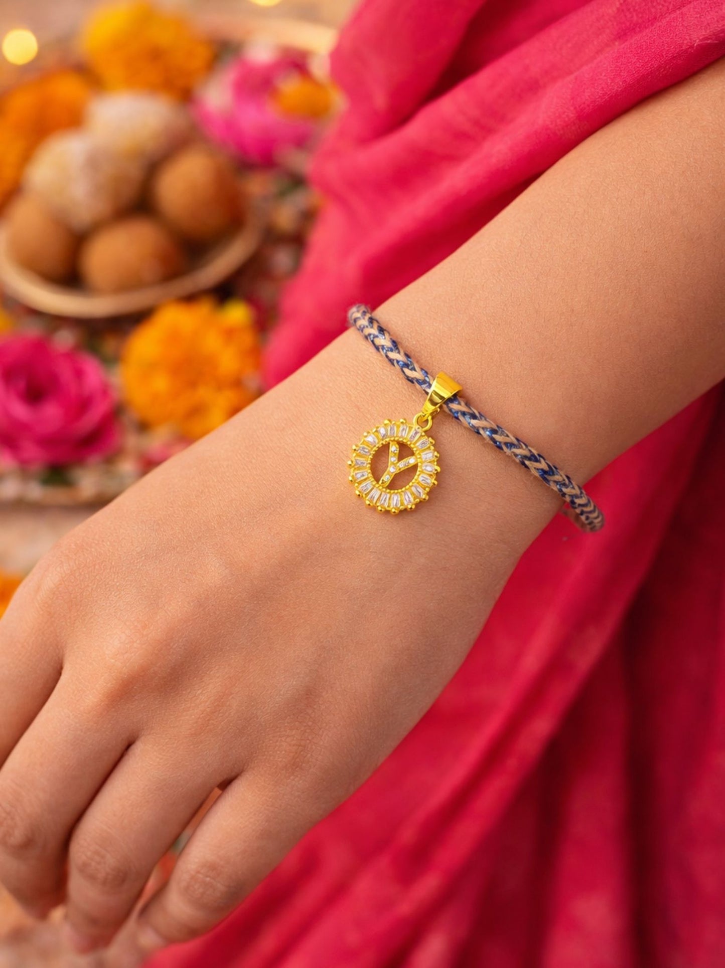 A TO Z Alphabet American Diamond Charm Initial Name Lumba Rakhi Bracelet For Bhaiya Bhabhi