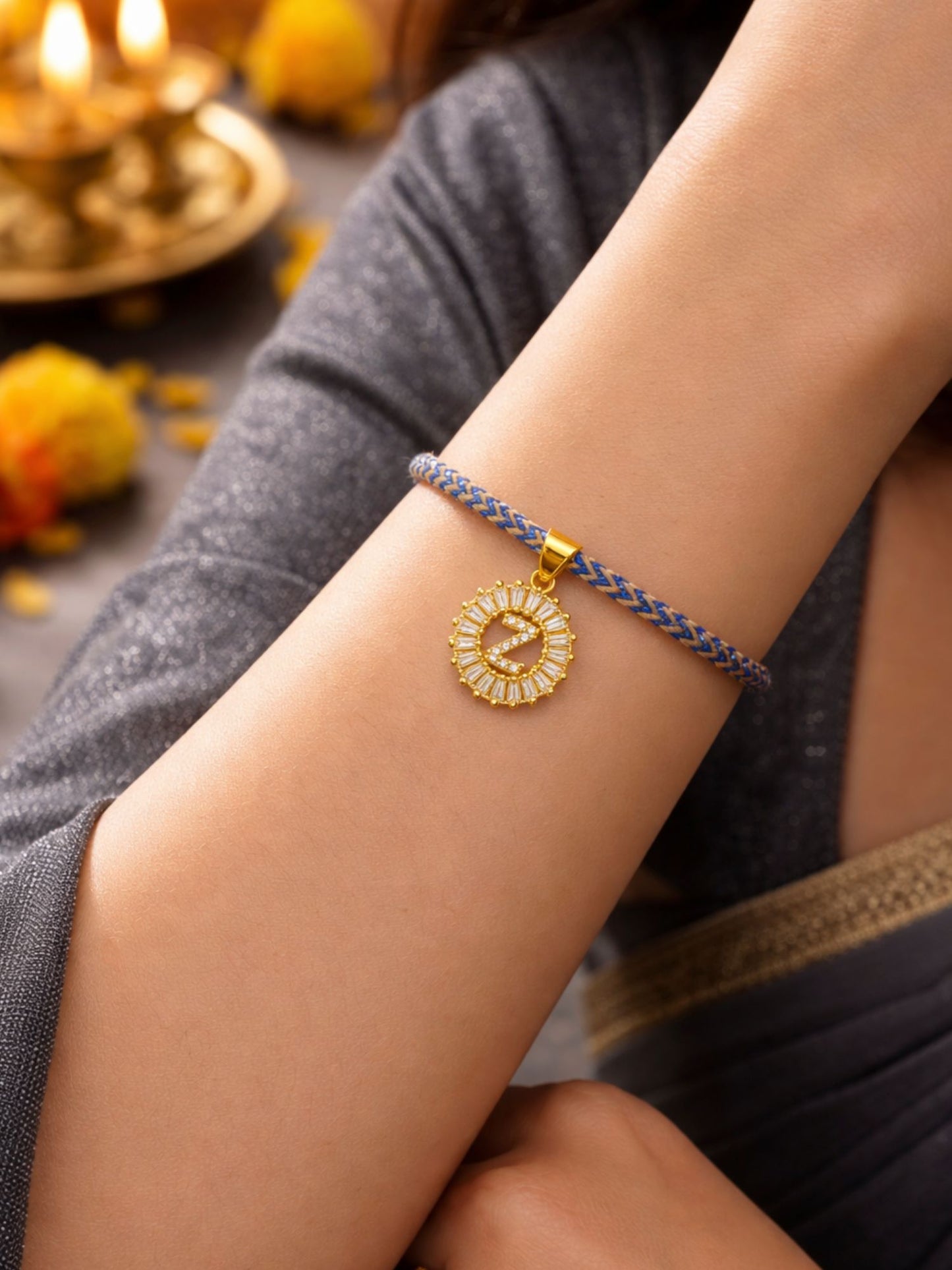 A TO Z Alphabet American Diamond Charm Initial Name Lumba Rakhi Bracelet For Bhaiya Bhabhi