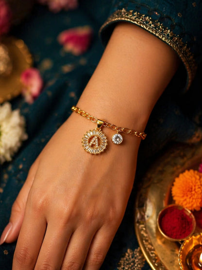 A TO Z Alphabet Circular Crystal Charm Initial Name Lumba Rakhi Bracelet For Bhaiya Bhabhi