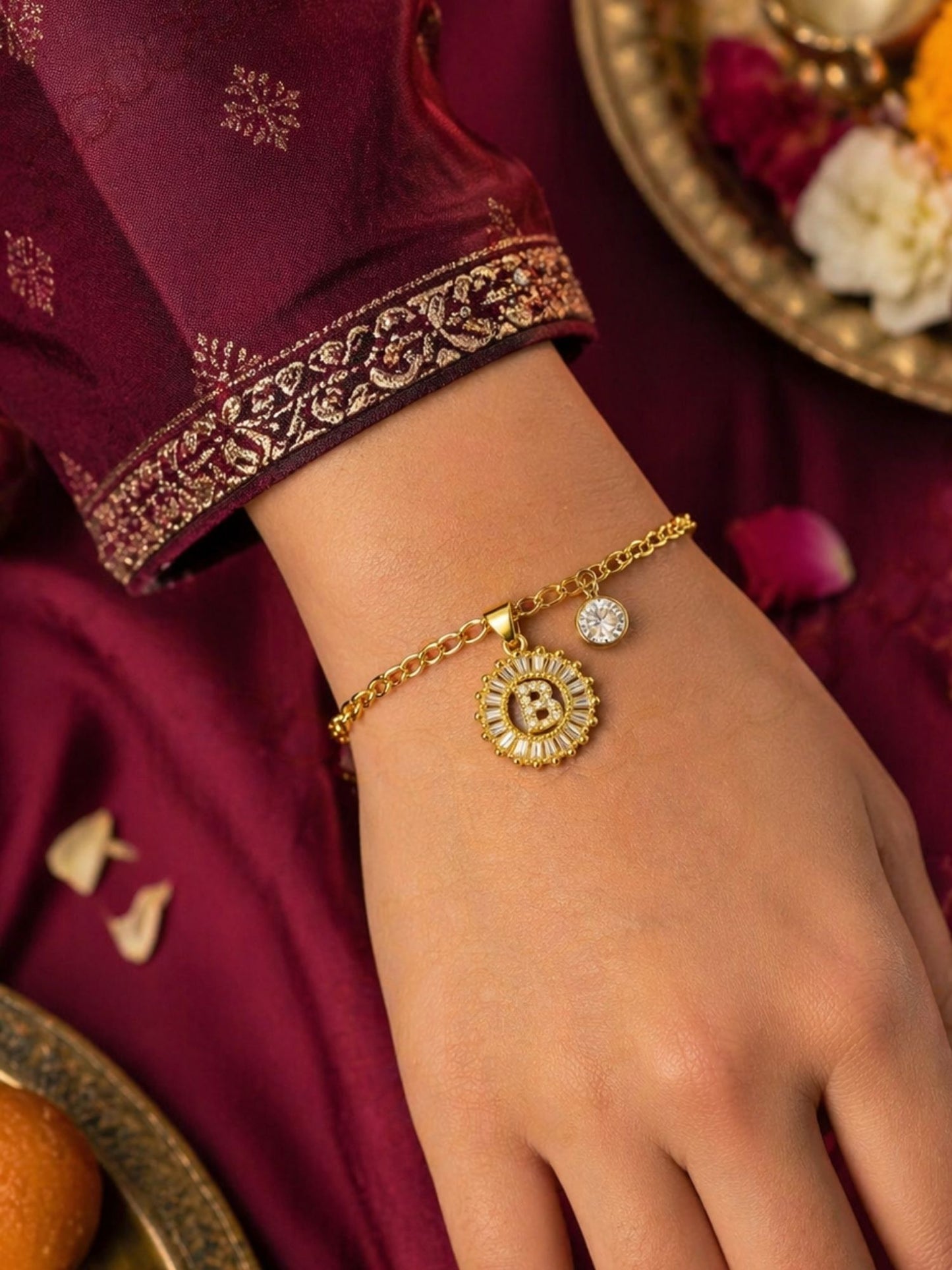 A TO Z Alphabet Circular Crystal Charm Initial Name Lumba Rakhi Bracelet For Bhaiya Bhabhi