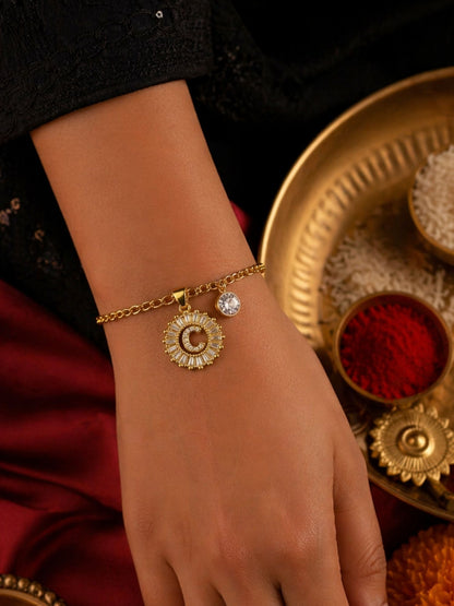 A TO Z Alphabet Circular Crystal Charm Initial Name Lumba Rakhi Bracelet For Bhaiya Bhabhi