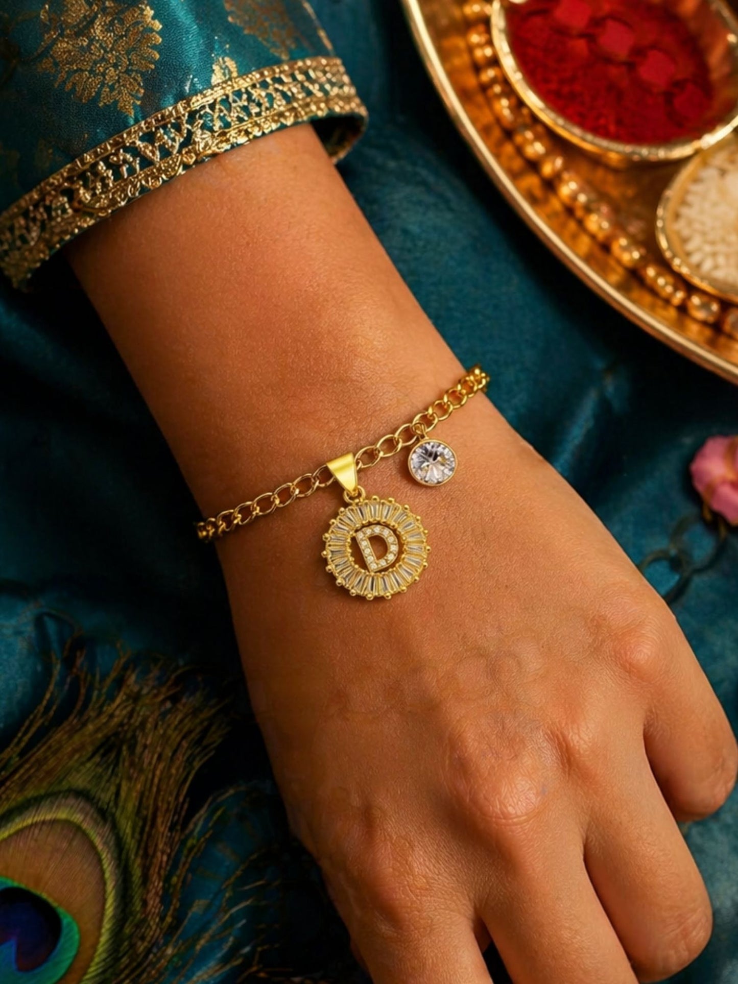 A TO Z Alphabet Circular Crystal Charm Initial Name Lumba Rakhi Bracelet For Bhaiya Bhabhi