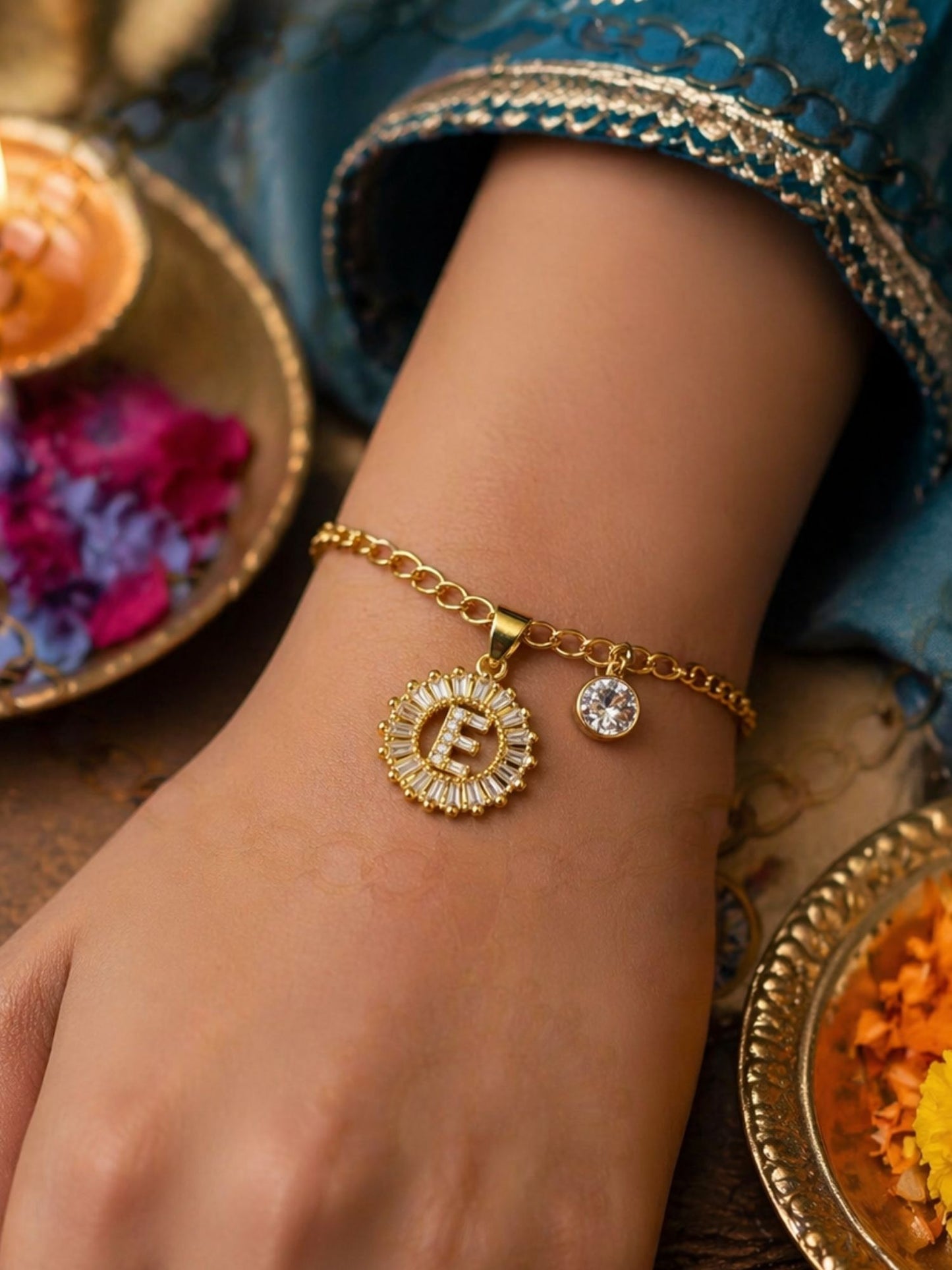 A TO Z Alphabet Circular Crystal Charm Initial Name Lumba Rakhi Bracelet For Bhaiya Bhabhi