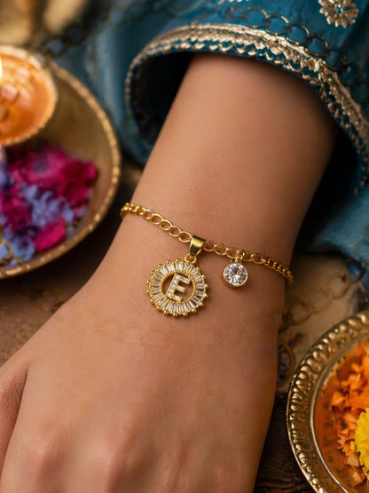 A TO Z Alphabet Circular Crystal Charm Initial Name Lumba Rakhi Bracelet For Bhaiya Bhabhi