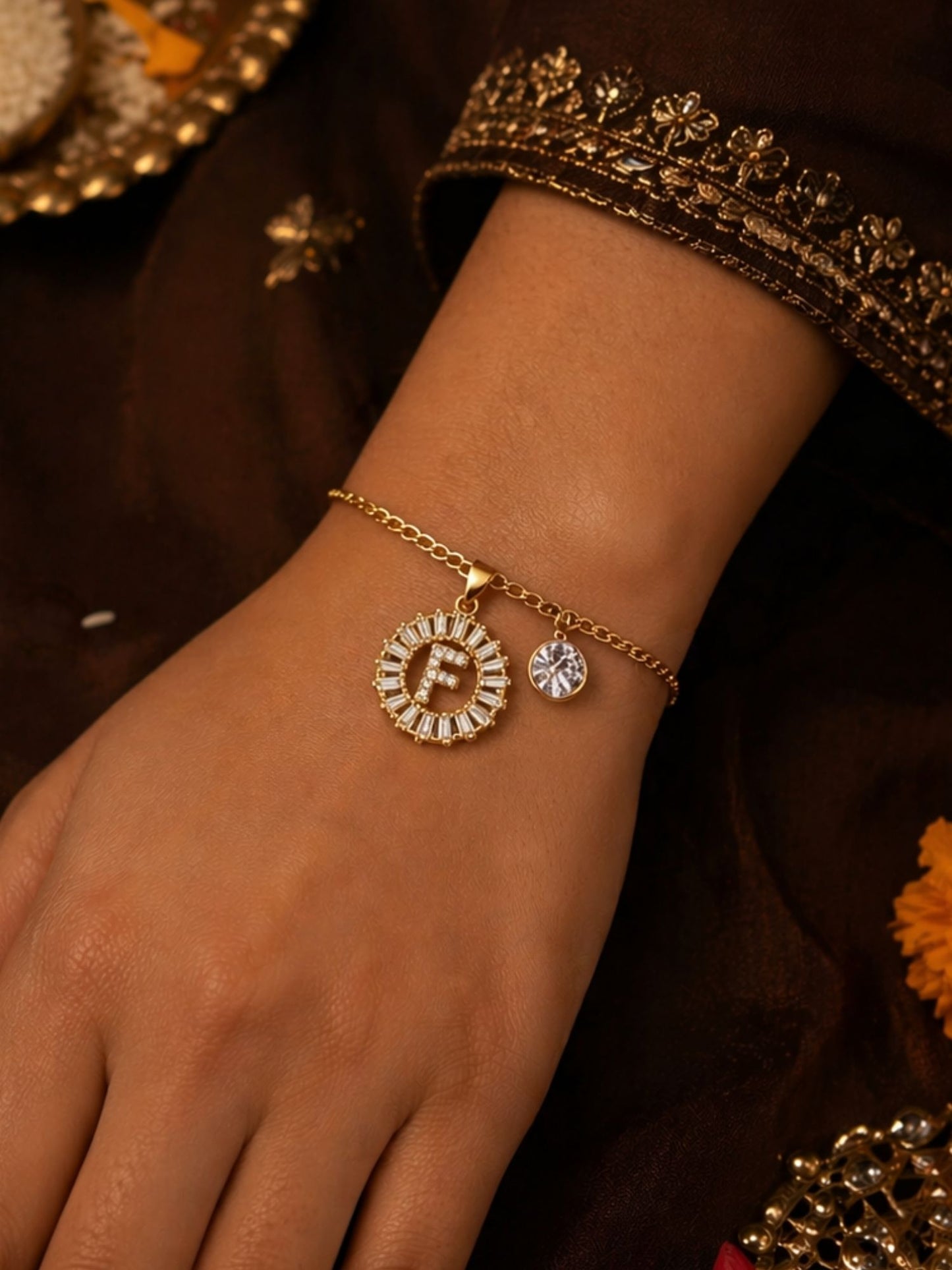 A TO Z Alphabet Circular Crystal Charm Initial Name Lumba Rakhi Bracelet For Bhaiya Bhabhi