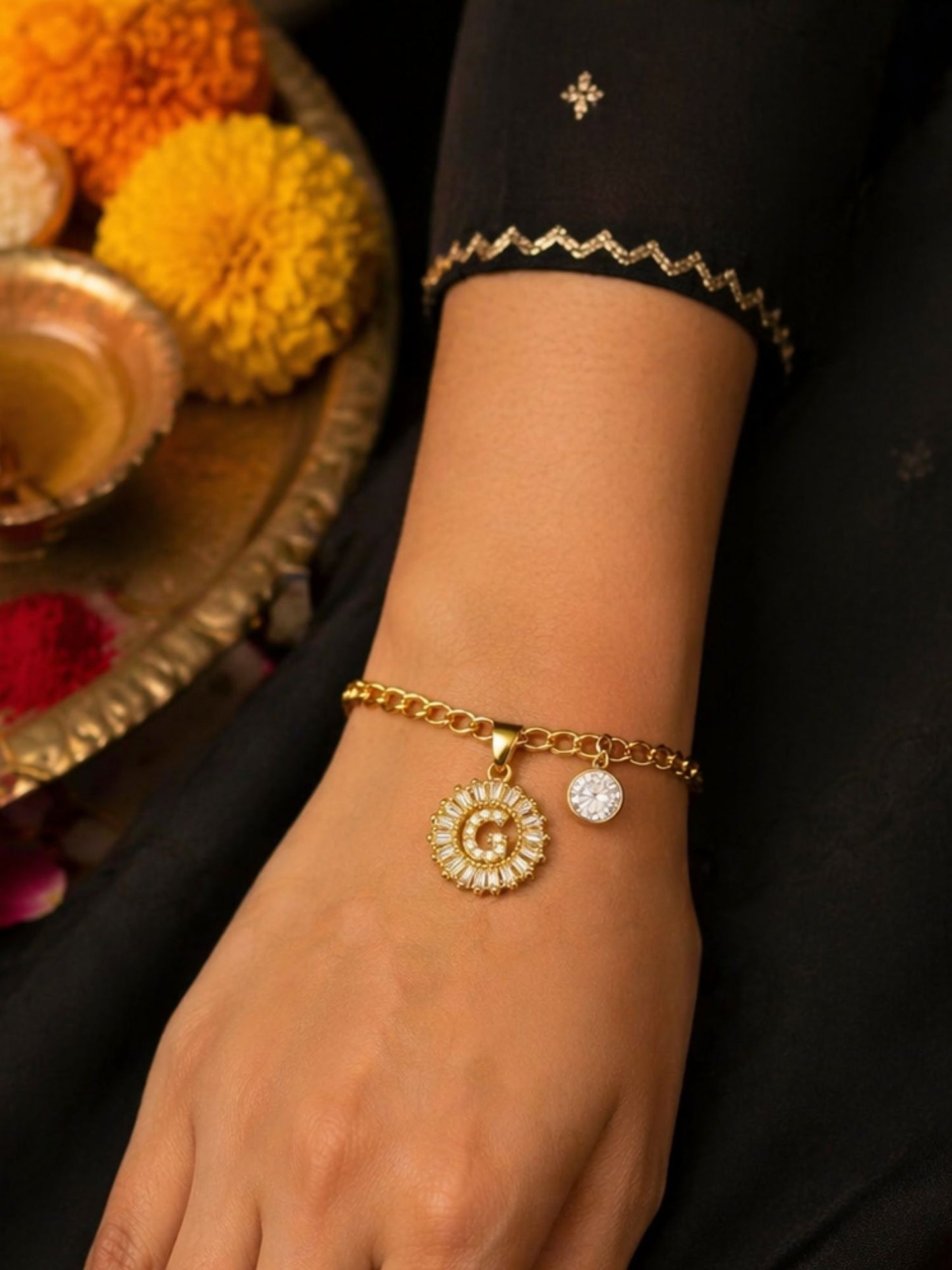 A TO Z Alphabet Circular Crystal Charm Initial Name Lumba Rakhi Bracelet For Bhaiya Bhabhi