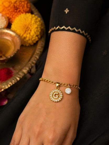 A TO Z Alphabet Circular Crystal Charm Initial Name Lumba Rakhi Bracelet For Bhaiya Bhabhi