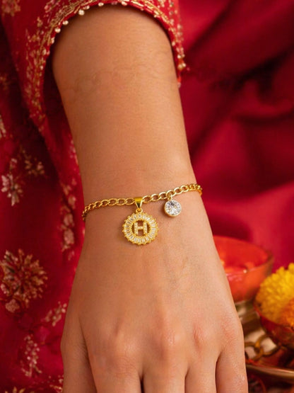 A TO Z Alphabet Circular Crystal Charm Initial Name Lumba Rakhi Bracelet For Bhaiya Bhabhi