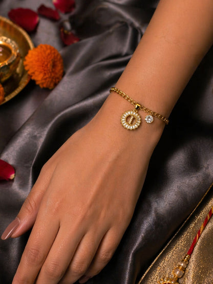 A TO Z Alphabet Circular Crystal Charm Initial Name Lumba Rakhi Bracelet For Bhaiya Bhabhi