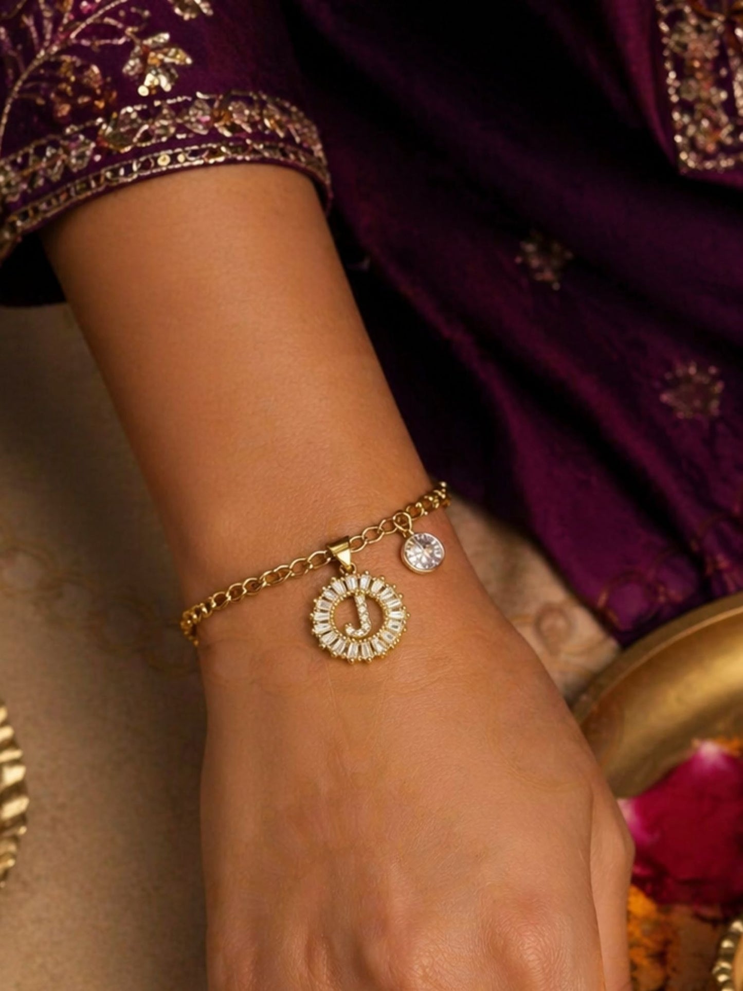 A TO Z Alphabet Circular Crystal Charm Initial Name Lumba Rakhi Bracelet For Bhaiya Bhabhi
