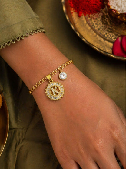 A TO Z Alphabet Circular Crystal Charm Initial Name Lumba Rakhi Bracelet For Bhaiya Bhabhi