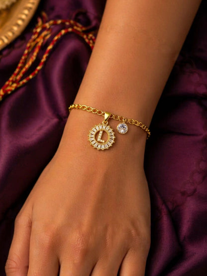 A TO Z Alphabet Circular Crystal Charm Initial Name Lumba Rakhi Bracelet For Bhaiya Bhabhi