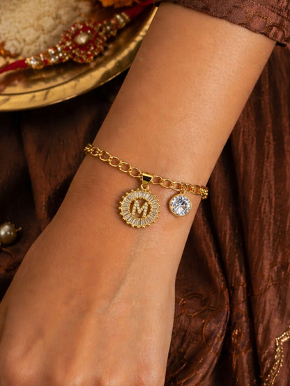 A TO Z Alphabet Circular Crystal Charm Initial Name Lumba Rakhi Bracelet For Bhaiya Bhabhi