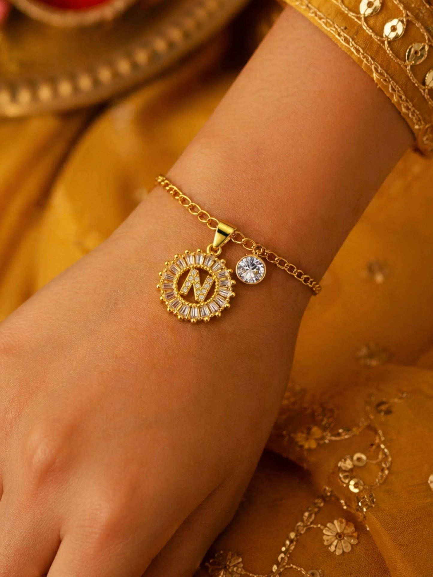 A TO Z Alphabet Circular Crystal Charm Initial Name Lumba Rakhi Bracelet For Bhaiya Bhabhi
