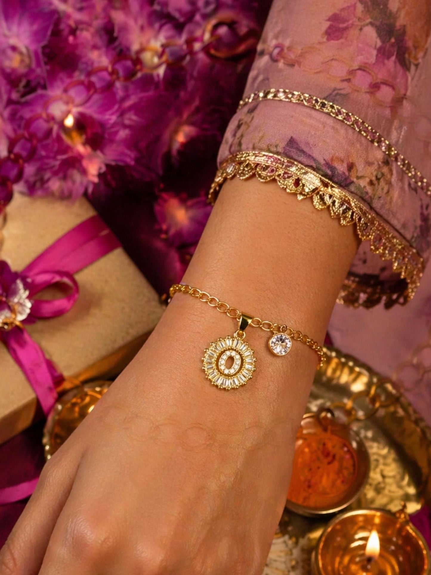 A TO Z Alphabet Circular Crystal Charm Initial Name Lumba Rakhi Bracelet For Bhaiya Bhabhi