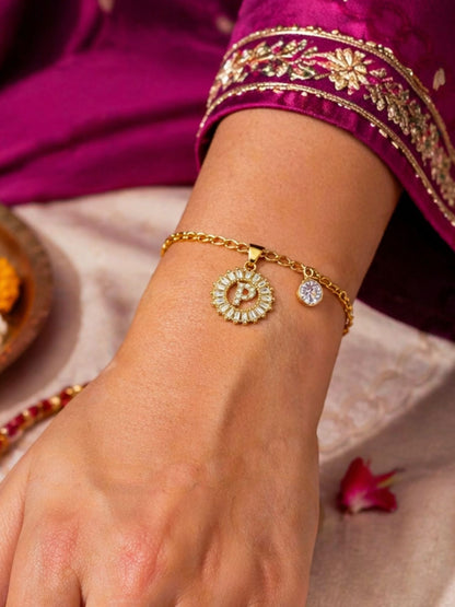 A TO Z Alphabet Circular Crystal Charm Initial Name Lumba Rakhi Bracelet For Bhaiya Bhabhi