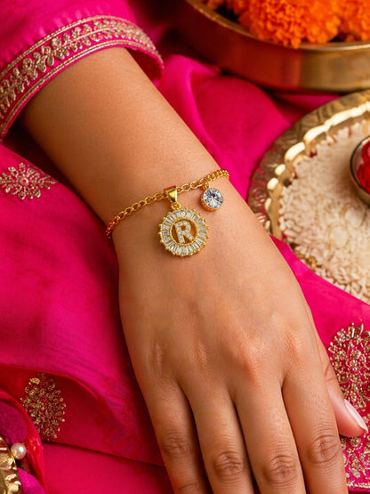 A TO Z Alphabet Circular Crystal Charm Initial Name Lumba Rakhi Bracelet For Bhaiya Bhabhi