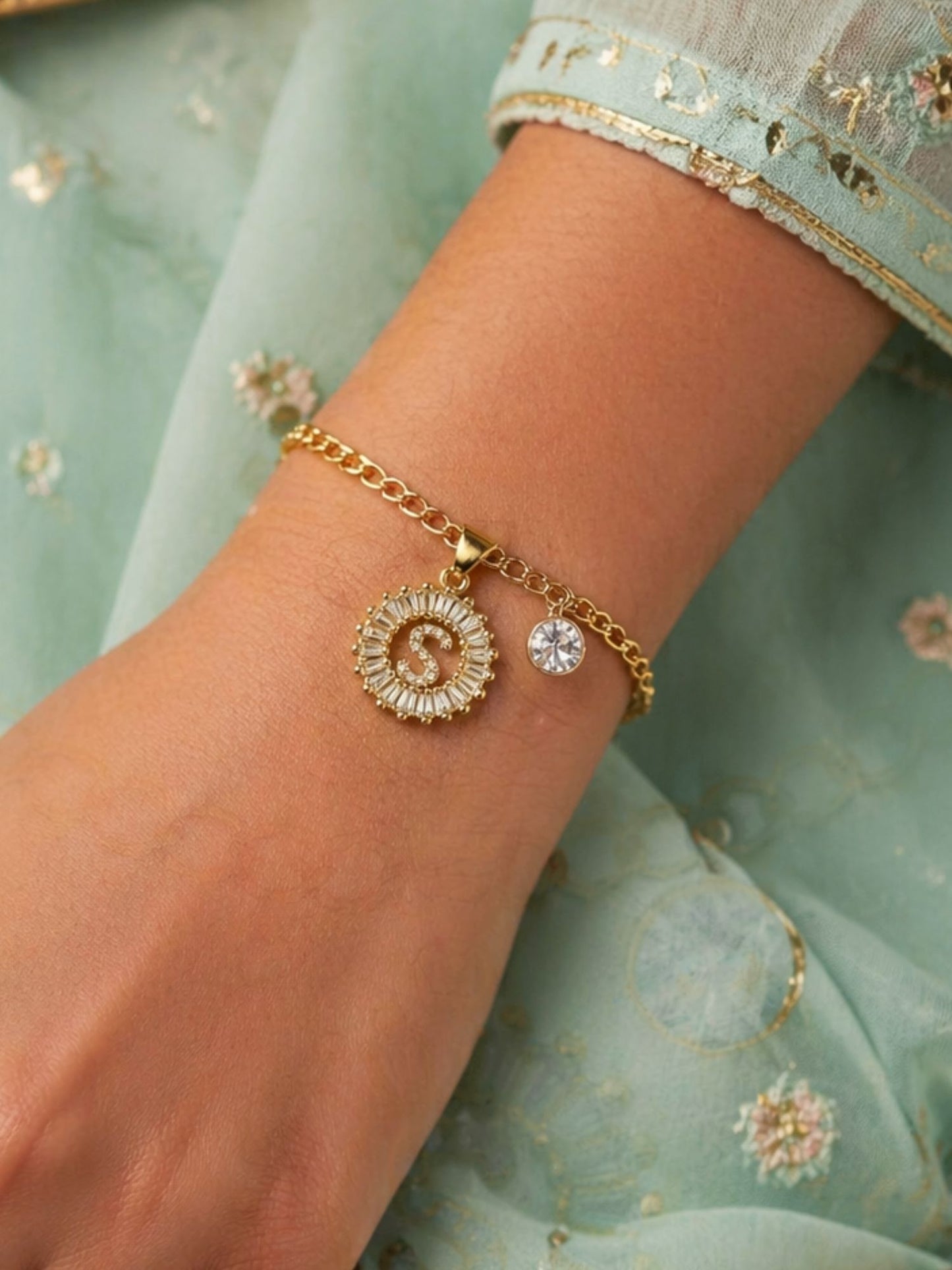 A TO Z Alphabet Circular Crystal Charm Initial Name Lumba Rakhi Bracelet For Bhaiya Bhabhi
