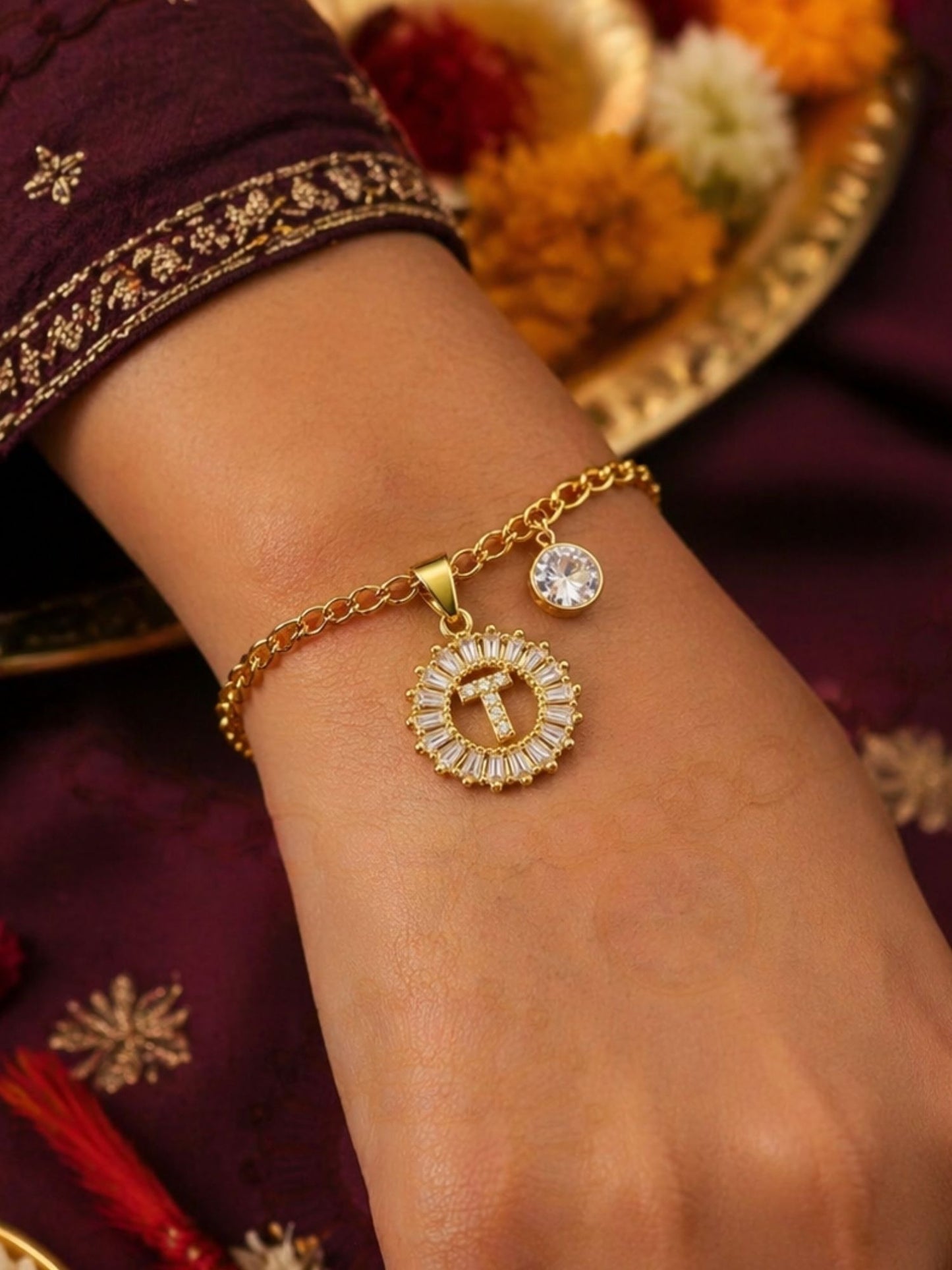 A TO Z Alphabet Circular Crystal Charm Initial Name Lumba Rakhi Bracelet For Bhaiya Bhabhi