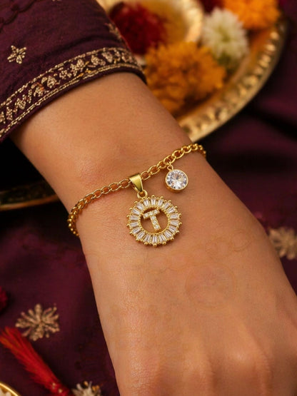 A TO Z Alphabet Circular Crystal Charm Initial Name Lumba Rakhi Bracelet For Bhaiya Bhabhi