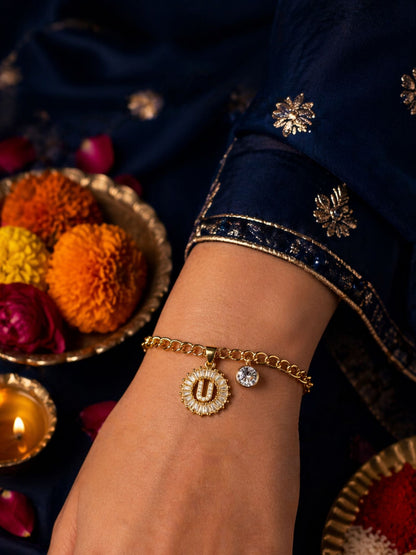 A TO Z Alphabet Circular Crystal Charm Initial Name Lumba Rakhi Bracelet For Bhaiya Bhabhi