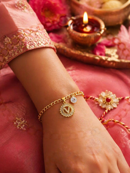 A TO Z Alphabet Circular Crystal Charm Initial Name Lumba Rakhi Bracelet For Bhaiya Bhabhi