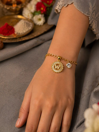 A TO Z Alphabet Circular Crystal Charm Initial Name Lumba Rakhi Bracelet For Bhaiya Bhabhi