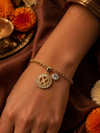 A TO Z Alphabet Circular Crystal Charm Initial Name Lumba Rakhi Bracelet For Bhaiya Bhabhi