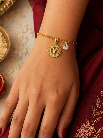 A TO Z Alphabet Circular Crystal Charm Initial Name Lumba Rakhi Bracelet For Bhaiya Bhabhi