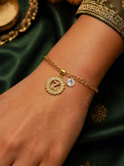 A TO Z Alphabet Circular Crystal Charm Initial Name Lumba Rakhi Bracelet For Bhaiya Bhabhi