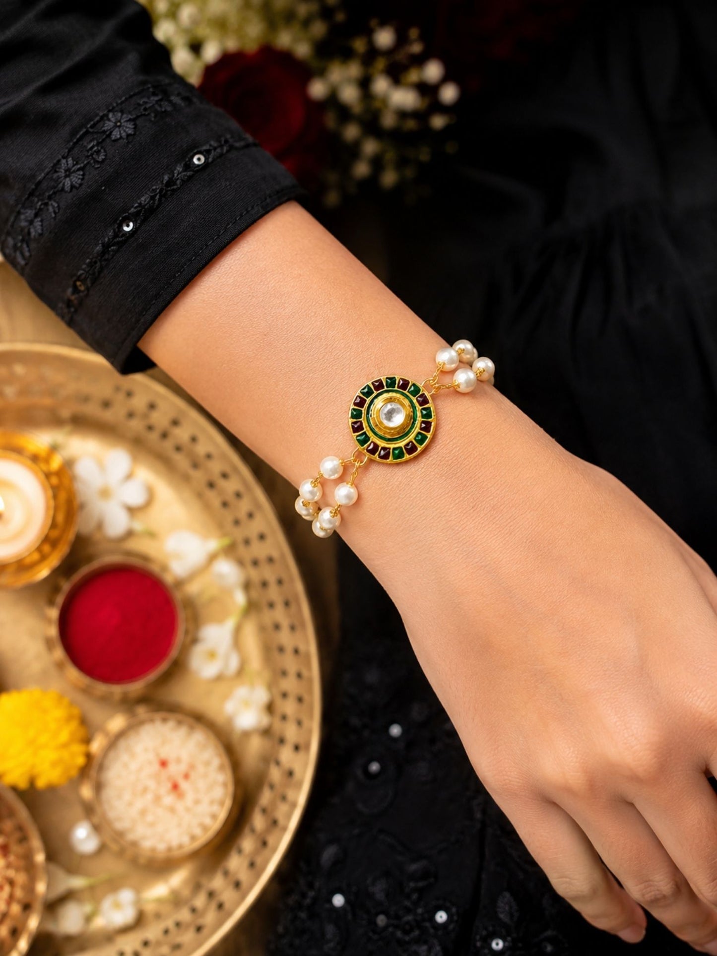 Pearl Lumba Rakhi Bracelet with Kundan Charm for Bhabhi