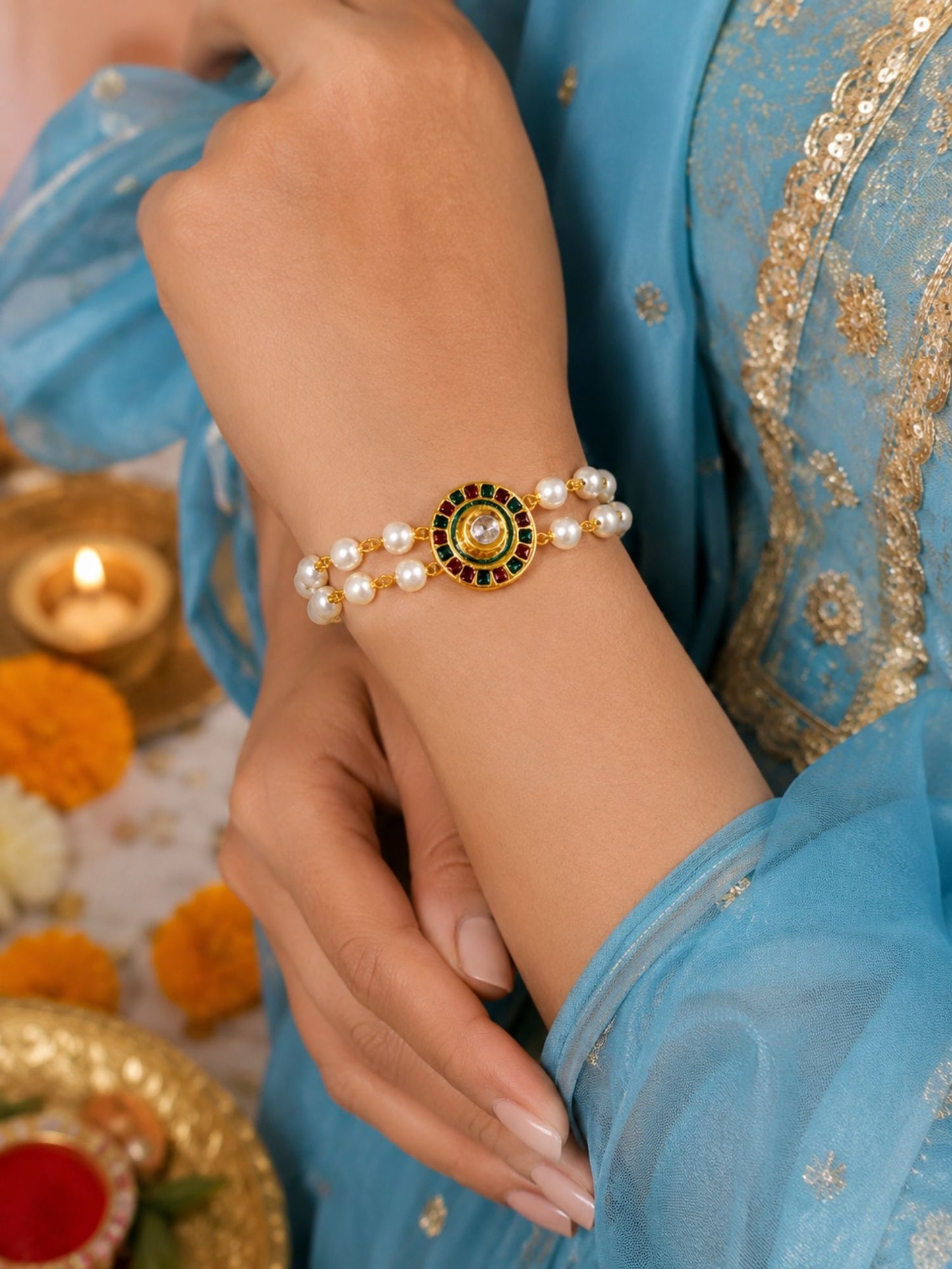 Pearl Lumba Rakhi Bracelet with Kundan Charm for Bhabhi