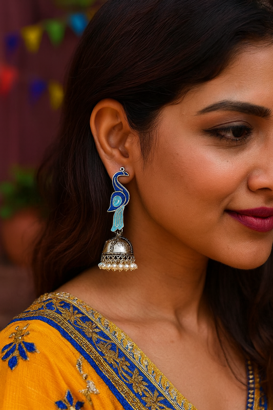 German Oxidized Silver Earrings for Women Peacock Designs Jhumkas