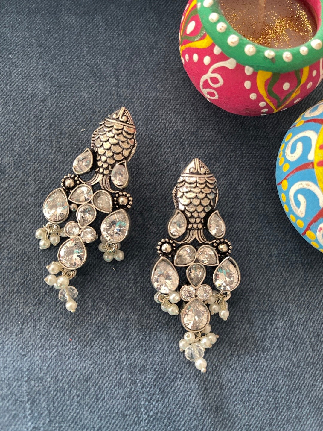 Silver Fish Earrings with Pearls