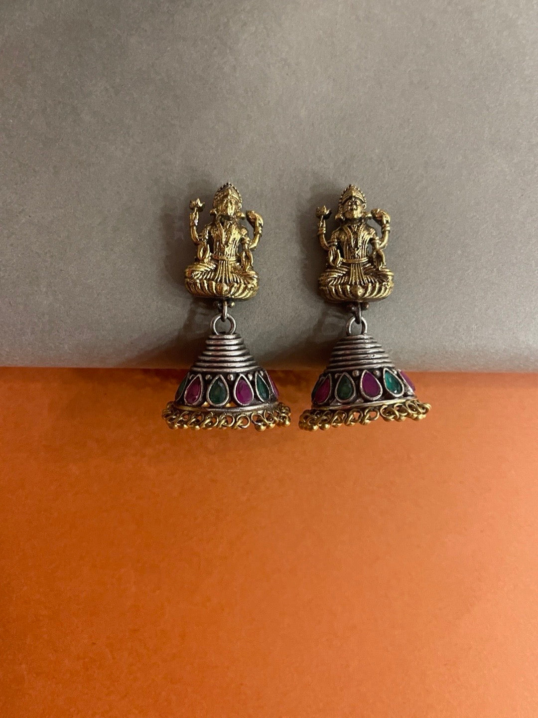 Gold & Silver Laxmi Jhumka with Red & Green Stones