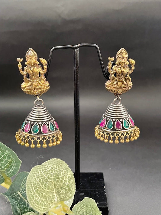Gold & Silver Laxmi Jhumka with Red & Green Stones