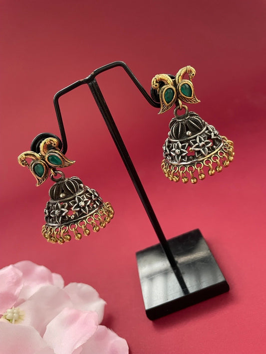 Gold & Silver Jhumka Earrings with Green Stones