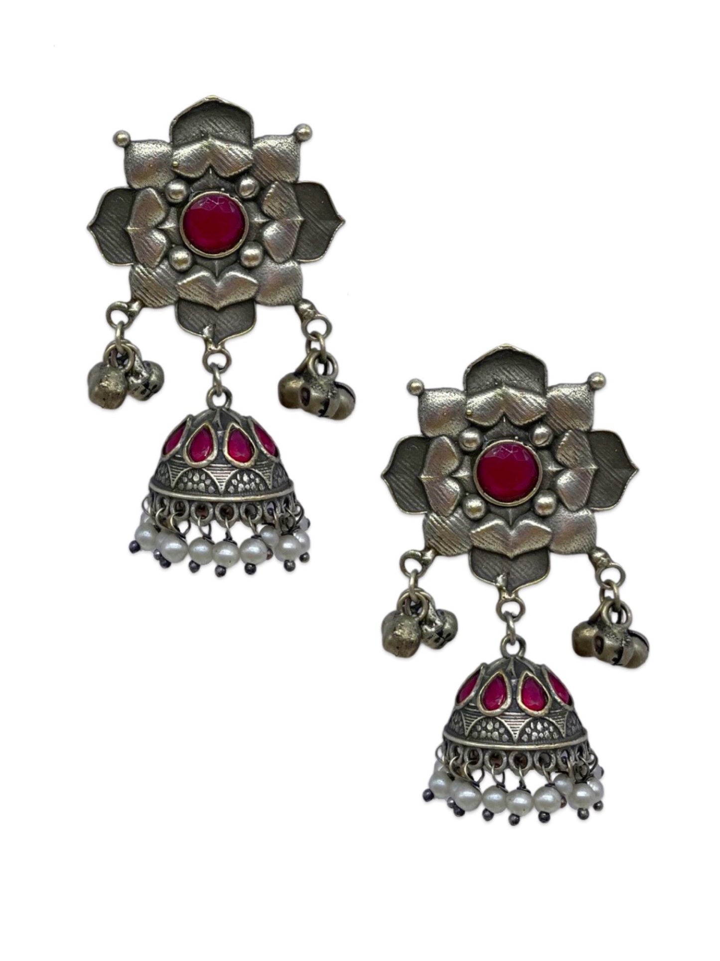 Stud Earrings Square Red Enamel With Pearl Design