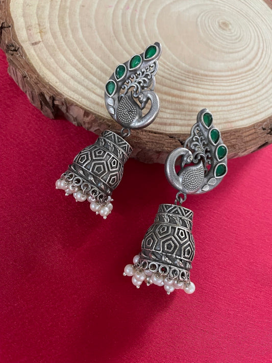 Jhumka Earrings Peacock Green Enamel Design