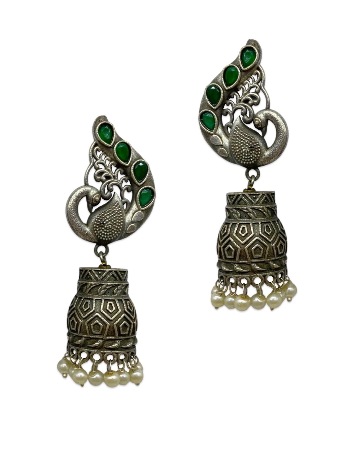 Jhumka Earrings Peacock Green Enamel Design