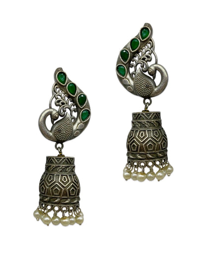 Jhumka Earrings Peacock Green Enamel Design